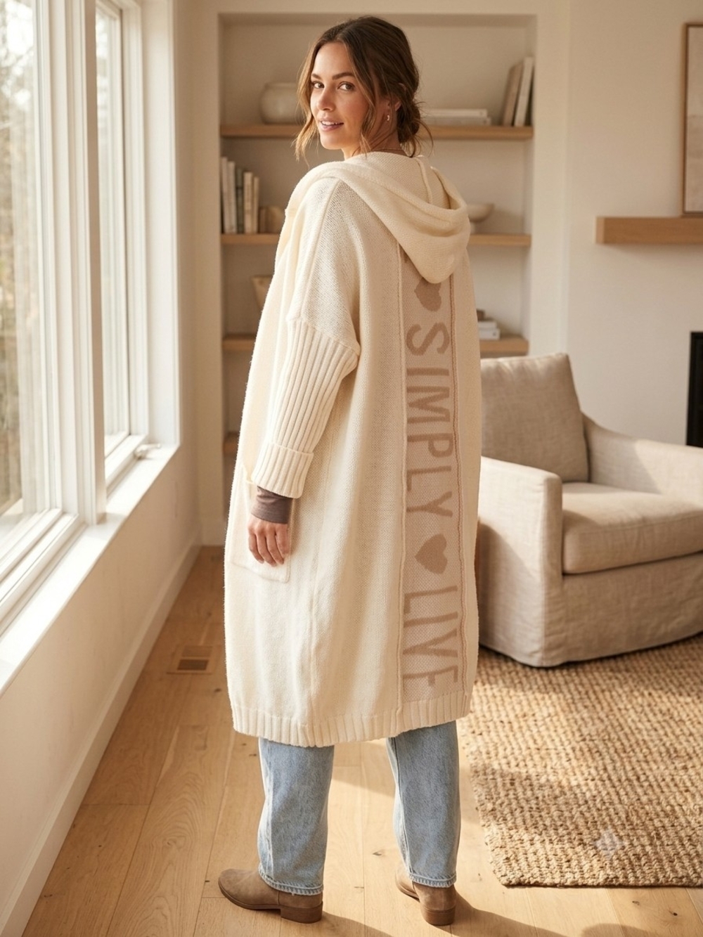 NWOT Oversized Cream Hooded Long Duster Cardigan Sweater Back Graphic S